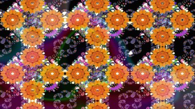 Çiçeksel fantezi tasarımı ve parlak bir arka plan çizimi. Renkli Bahar Teması eskiz kalıbı. Düz Çiçek Elementleri Tasarımı.