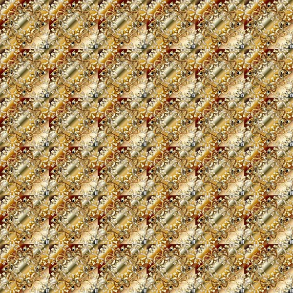 Barok tarzında duvar kağıdı tasarımı için kusursuz damaske deseni arkaplanı. Bej, kahverengi ve altın elementli nötr renklerde altın desen. Süslü raster dekorasyonu.
