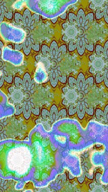 Bir sürü yeşil ve soyut çiçekli tropik eskiz deseni. Küçük çiçekteki sevimli çiçek deseni. Varicologreen Raster çizimi.