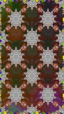 Raster illüstrasyonu. Kahverengi ve gri renklere karalamalar çizen kusursuz çiçek deseni.