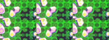 Tekstil için suluboya eskiz deseni. El çizimi çiçek çizimi deseni (fayans). Şirin çiçekleri, desenleri, yeşil ve gri renkleri olan renkli çizim deseni.