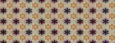 Çok renkli ve nötr küçük çiçekler ve bej renkli ve nötr renklerdeki komik böcekler, raster desen, illüstrasyon.