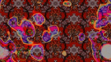 Raster deseni. Raster illüstrasyonu. Patlayan çiçekler soyut olarak yerleştirilmiş. Nazikçe, bahar çiçekleri kahverengi ve kırmızı renklerde.