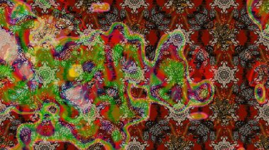 Raster illüstrasyonu. Renkli desenli eskiz deseni, kahverengi ve kırmızı çiçekler ve dekoratif elementler. Eski usul. Kumaş, tekstil, duvar kağıdı baskısı için. Taslak arkaplan.