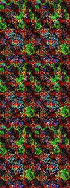 Raster Floral Illustration, Asyalı tekstil. Siyah ve yeşil renkli etnik çiçeklerle zarif bir eskiz deseni.