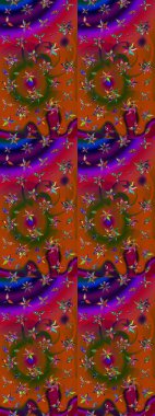 Çiçek desenli çizim. Raster illüstrasyonu. Renkli Bahar Teması eskiz kalıbı. Düz Çiçek Elementleri Tasarımı. Kahverengi ve kırmızı renkte çiçekler. Asya tekstil tarzında.