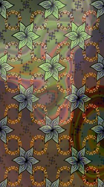 Kahverengi ve yeşil renkli çiçekler. Raster illüstrasyonu. El çizimi çiçekli soyut çizim deseni.