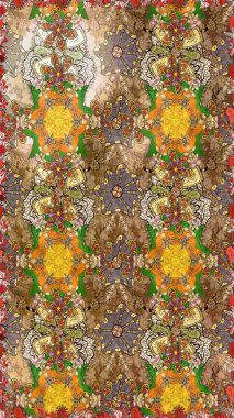 Düz Çiçek Elementleri Tasarımı. Güzel kumaş deseni. Raster illüstrasyonu. Asya tekstil tarzında. Çiçek desenli çizim. Renkli Bahar Teması çizim şablonu.