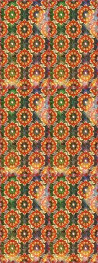 Altın antika ortaçağ dekoratifi, yaprakları ve turuncu ve kahverengi desenli süslemeleri olan pürüzsüz bir şablon. Kusursuz kraliyet lüksü, altın barok kumaş rengi..