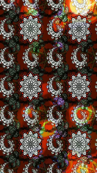 Kahverengi ve siyah renkli Asya tekstili. Raster illüstrasyonu. Çiçek desenini çiz.