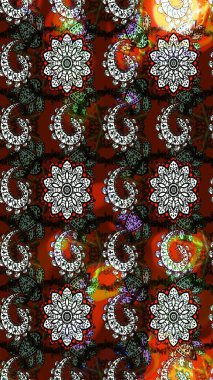 Kahverengi ve siyah renkli Asya tekstili. Raster illüstrasyonu. Çiçek desenini çiz.