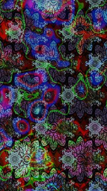 Raster illüstrasyonu. El çizimi çiçekli soyut çizim kalıbı. Siyah ve mavi renkte çiçekler.