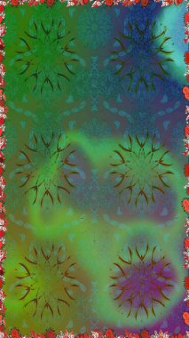 Parlak çiçekli kolaj çiçekleri yeşil ve mavi. Çiçekli zambaklar kusursuz bir arka plan. Çiçek tasarımı için inanılmaz kolaj cennet tarzı..