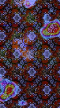 Renkli grunge, soyut arkaplanı kolonya ve mor çiçeklerle süslüyor. Parmak izi, kumaş, duvar kâğıdı, tekstil için raster dokusu. Nakış desenli çiçek deseni..