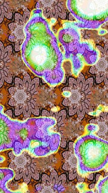 Çiçeksel elementlerle süslenmiş zarif raster dokusu. Parlak çiçekli, nötr ve kahverengi renkler üzerine soyut çizim deseni. Küçük çiçekte şirin bir çiçek deseni var..