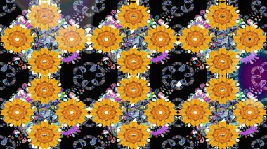 Hediye ambalaj kağıdı, tebrik kartları, posterler ve pankart tasarımı. Raster düz çiçek çizim deseni. Sarı renkte çiçekler.