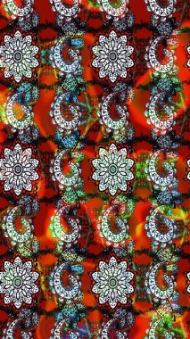 Renkli desenli eskiz deseni, kahverengi ve kırmızı çiçekler ve dekoratif elementler. Eskiz geçmişi. Raster illüstrasyonu. Kumaş, tekstil, duvar kağıdı baskısı için. Antika retro tarzı.