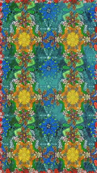 Çok yeşil ve mavi zarif küçük çiçekler ve yeşil ve mavi renkli komik böcekler, raster desen, illüstrasyon.