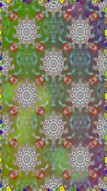 Düz Çiçek Elementleri Tasarımı. Yeşil ve gri renkli çiçekler. Renkli Bahar Temalı Kusursuz Arkaplan. Raster illüstrasyonunda kusursuz çiçek deseni.