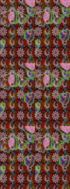 Düz Çiçek Elementleri Tasarımı. Renkli Bahar Teması eskiz kalıbı. Asya tekstil tarzında. Kahverengi ve yeşil renkli çiçekler. Raster illüstrasyonu. Çiçek desenini çiz.