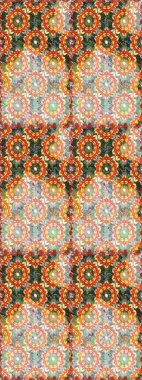 Altın antika ortaçağ dekoratifi, yaprakları ve turuncu renklerde altın desenli süslemeleri olan dikişsiz bir şablon. Kusursuz kraliyet lüksü, altın barok kumaş rengi..