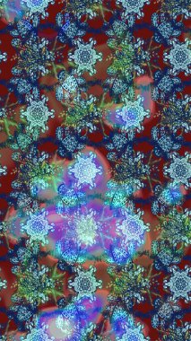 Raster deseni. Bahar çiçekleri dallı desen, mavi ve kahverengi renkler çiçekli siluet.