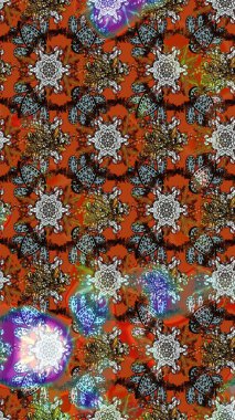 Raster hisseleri. Eskiz arkaplan modeli. Kahverengi ve turuncu üzerine çiçekler. Suluboya, elle çizilmiş.