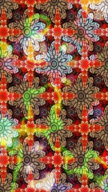 Raster illüstrasyonu. Kırmızı ve siyah renkte çiçekler. Çiçek desenli çizim. Asya tekstil tarzında. Raster illüstrasyonu.