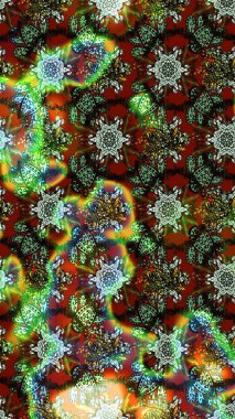 Raster illüstrasyonu. Şirin çiçekli eskiz deseni ve yeşil ve kahverengi renkli yapraklar, suluboya çiçek deseni, duvar kağıdı, kart veya kumaş için fayanslı.