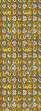 Moda baskıları için zarif bir şablon. Modern çiçek arkaplanı. Parlak renkli çiçekleri ve kahverengi ve gri renkte yaprakları olan harika bir çiçek deseni. Halk stili.