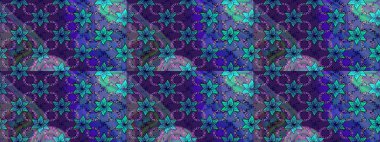 Mor ve mavi renklerde Asya tekstili. Raster illüstrasyonu. Suluboya çiçekli çiçek deseni.