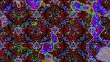 Çiçekli ipek eşarp. Retro tekstil tasarım koleksiyonu. El çizimi çiçek unsurları olan soyut çizim raster deseni. 1950-1960 motifleri. Kahverengi ve menekşe üzerine kahverengi ve mor.