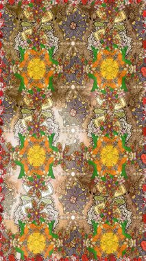 Dallı bahar çiçekleriyle desen, kahverengi ve çiçekli siluet bej renkler. Raster deseni.