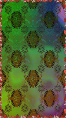 Yeşil ve kahverengi renklerde etnik çiçeklerle kusursuz bir desen. Raster Çiçek İllüstrasyonu güzel tekstil..