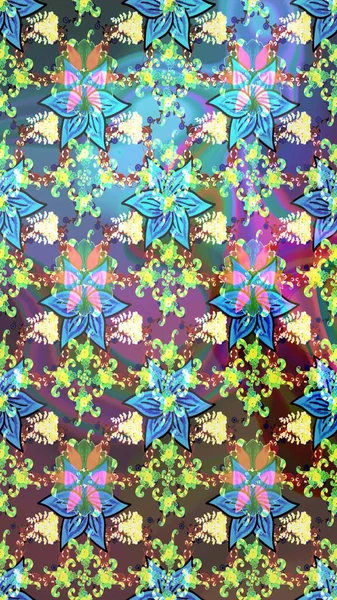 Raster - stok. Yapraklı çiçekler ve mavi ve yeşil renkli papatya çiçekleri. Taslak arkaplan deseni.