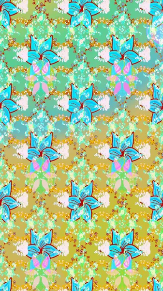 Rengarenk çiçekleri ve doğal renklerde yaprakları olan harika bir çiçek deseni. Modern çiçek arkaplanı. Moda baskıları için zarif bir şablon. Halk stili.