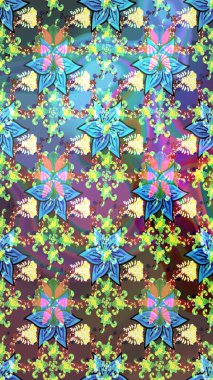 Raster - stok. Yapraklı çiçekler ve mavi ve yeşil renkli papatya çiçekleri. Taslak arkaplan deseni.