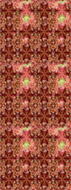 Raster illüstrasyonu. Dekoratif simetri arabesk. Kırmızı ve kahverengi renklerde altın. Kusursuz ortaçağ çiçek deseni. Doğum günü, davetiye ya da afiş için tebrik kartı.