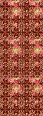 Raster illüstrasyonu. Dekoratif simetri arabesk. Kırmızı ve kahverengi renklerde altın. Kusursuz ortaçağ çiçek deseni. Doğum günü, davetiye ya da afiş için tebrik kartı.