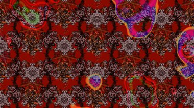 Güzel kumaş deseni. Raster illüstrasyonu. Kahverengi ve kırmızı renklerde. Raster illüstrasyonunda çiçek deseni çizimi.