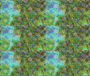 Hediye ambalaj kağıdı, tebrik kartları, posterler ve pankart tasarımı. Yeşil ve mavi renkte çiçekler. Raster düz çiçekleri pürüzsüz desen.