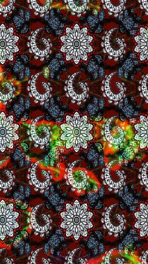 Asya tekstil tarzında. Siyah ve kırmızı renkte çiçekler. Düz Çiçek Elementleri Tasarımı. Çiçek desenli çizim. Raster illüstrasyonu. Renkli Bahar Teması çizim şablonu.