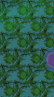 Raster illüstrasyonundaki çiçek desenli çizim. Suluboya tarzında yeşil ve mavi renkte çiçekler.