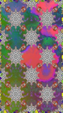 El çizimi. Güzel kumaş deseni. Raster illüstrasyonu. Çiçekler, dallar, otlar ve çiçekler.