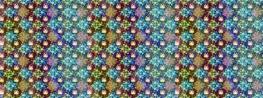 Çok mavi ve yeşil zarif küçük çiçekler ve mavi ve yeşil renkli komik böcekler, raster desen, illüstrasyon.