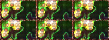 Ağaç dallı bahar çiçekleri ile desen, gri ve çiçek silueti ile yeşil renkler. Raster deseni.