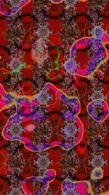 Dallı bahar çiçekleri ile desen, kahverengi ve çiçek silueti ile kırmızı renkler. Raster deseni.