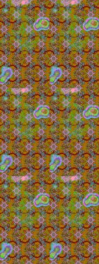 Raster illüstrasyonu. Kumaş, tekstil, duvar kağıdı baskısı için. Eskiz geçmişi. Renkli desenli eskiz deseni, kahverengi ve yeşil çiçekler ve dekoratif elementler. Antika retro tarzı.