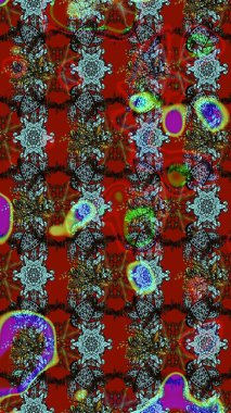 Renkli desenli eskiz deseni, kırmızı ve kahverengi çiçekler ve dekoratif elementler. Raster illüstrasyonu. Kumaş, tekstil, duvar kağıdı baskısı için. Eski usul. Taslak arkaplan.