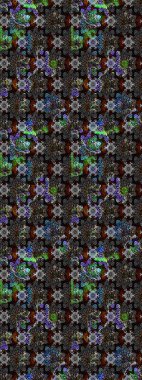 Parlak renkli çiçekleri ve siyah ve gri renkli yaprakları olan harika bir çiçek deseni. Moda baskıları için zarif bir şablon. Modern çiçek arkaplanı. Halk stili.